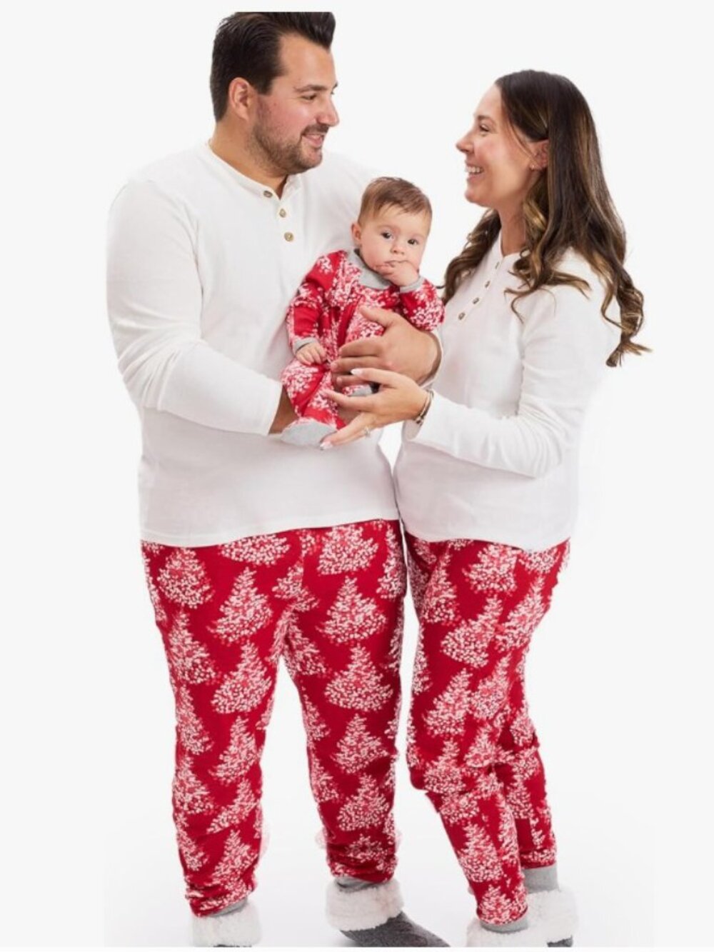 White Button Front Henley Christmas pajamas (2) + Red baby pajama- Bundle